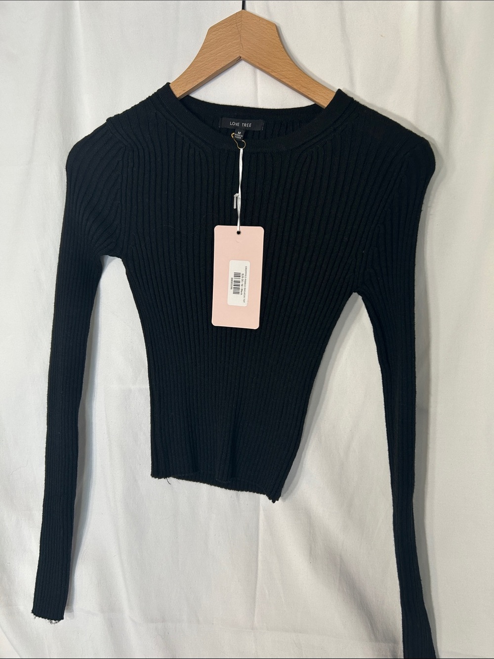 Love Tree Black Ribbed Crewneck Cropped Sweater